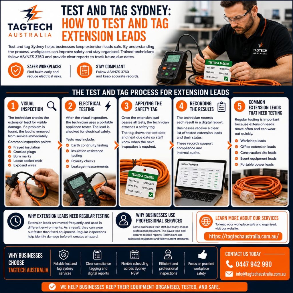 test and tag services Sydney technician testing extension lead