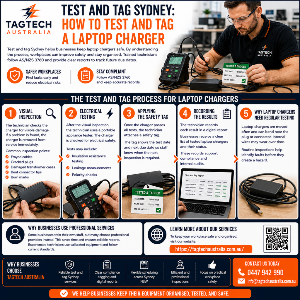 test and tag services Sydney technician testing laptop charger