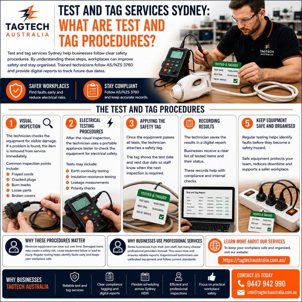 test and tag services Sydney technician inspecting electrical equipment
