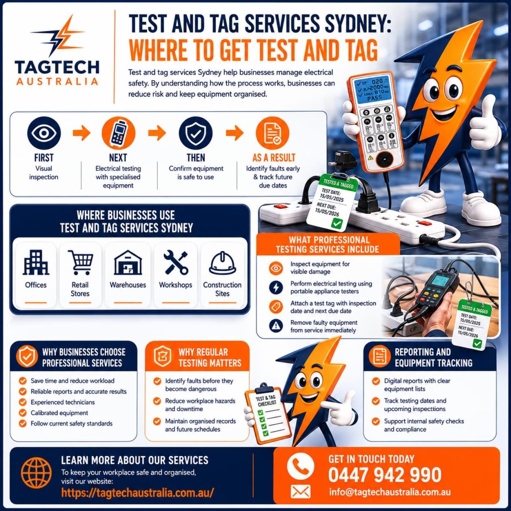 test and tag services Sydney technician inspecting electrical equipment