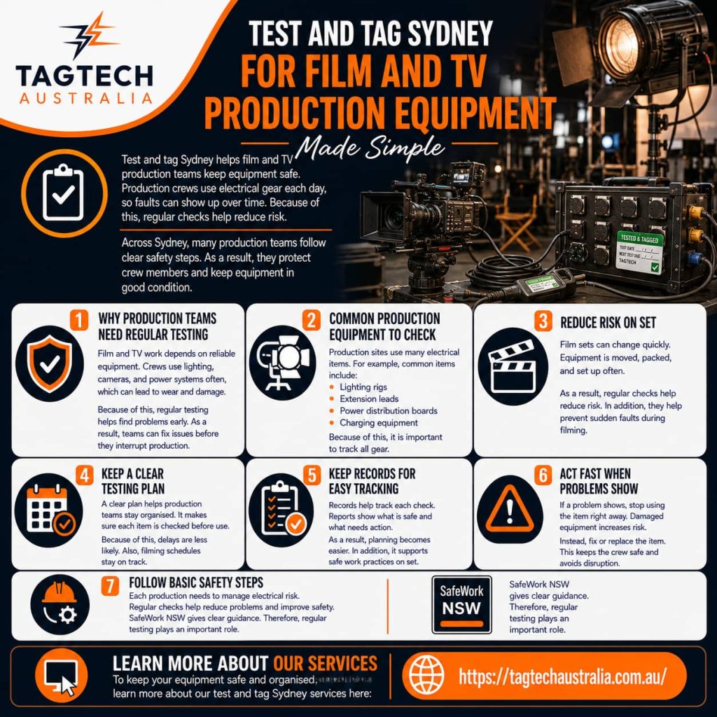 Alt text: test and tag Sydney film production equipment safety check