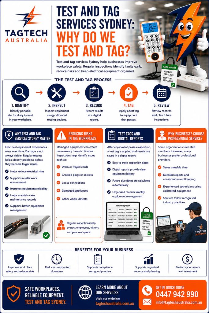 test and tag services Sydney technician inspecting electrical equipment
