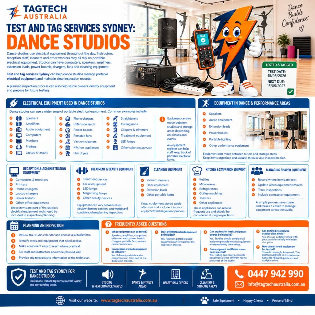 test and tag services Sydney dance studio electrical equipment